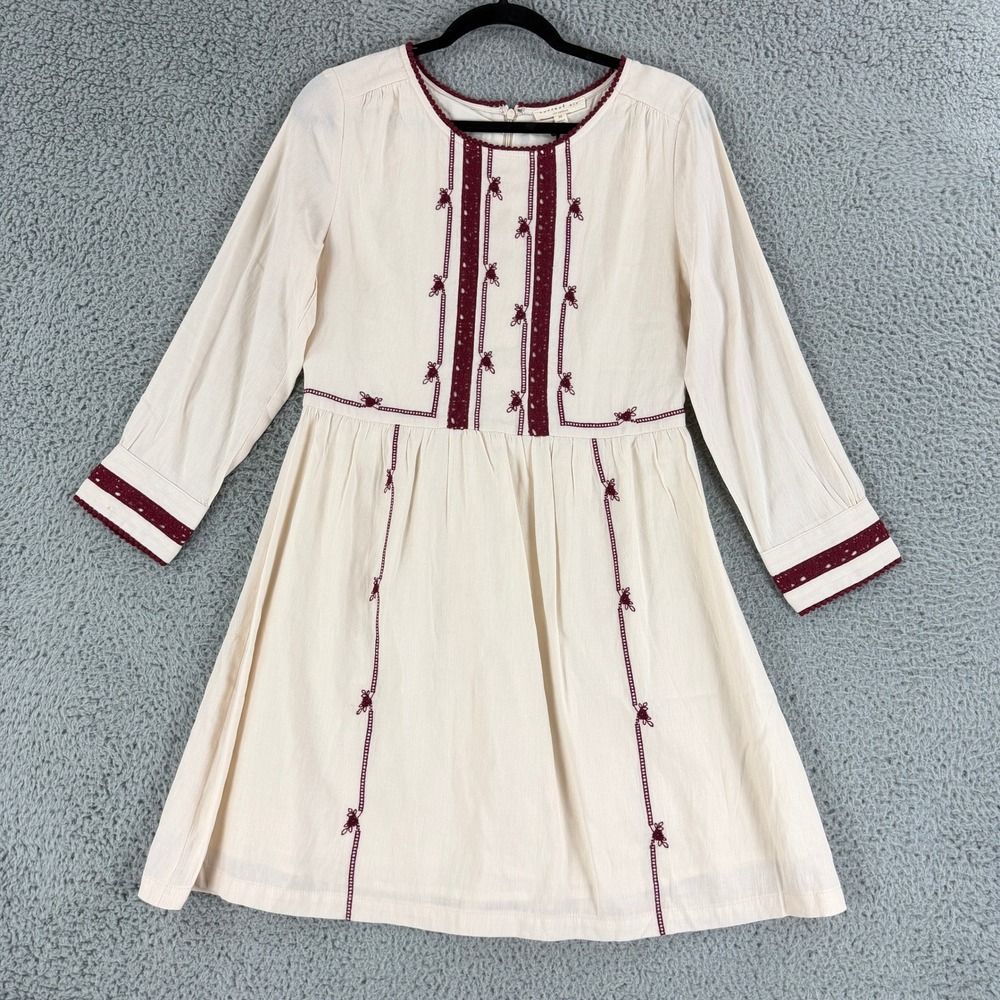 Current Air Mini‎ Dress Womens Medium Cream Burgundy Embroidered Boho 1690837